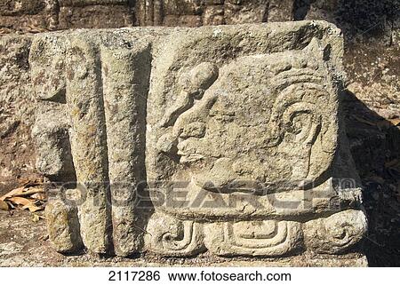 Stock Photograph - Honduras, Copan Ruinas, Copan Archeological Park, Temple 11, Mayan glyph. Fotosearch