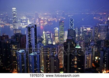 Stock Image - Hong Kong, Central, View Of Hong Kong Cityscape And Kowloon At Dusk From The Peak.. Fotosearch