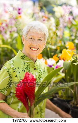 Stock Photograph - Honolulu, Hawaii, Kapiolani Farmer'd Market, Senior Woman Holding Red Ginger With Flowers In Background.. Fotosearch