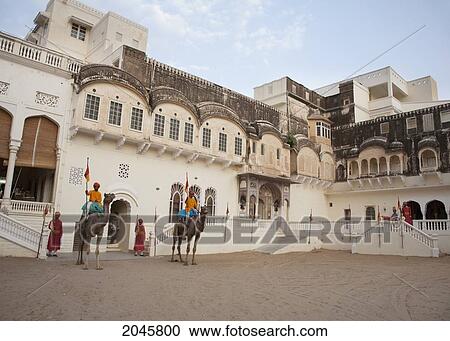 Stock Image - Honor Guard On Camel Back At Castle Mandawa, Rajasthan, India. Fotosearch