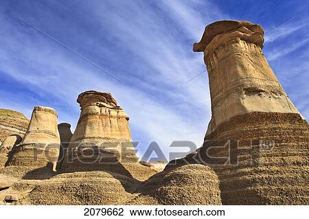 Stock Image - Hoodoos; Eroded Rock Formations In The Alberta Badlands. Drumheller, Alberta, Canada.. Fotosearch