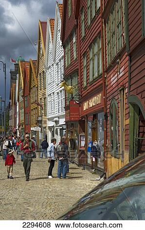 Stock Photo - Hordaland. Norway, Street view of Bryggen; Bergen. Fotosearch