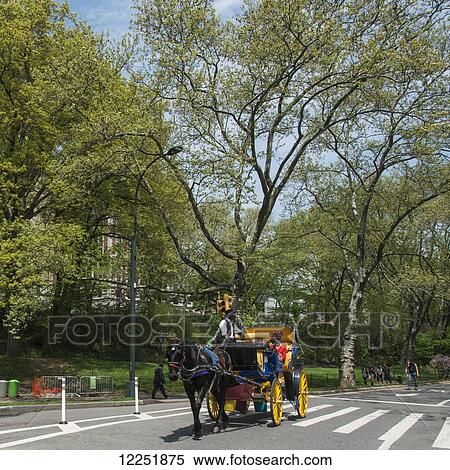 Stock Photography - Horse drawn carriage going down the street; New York City, New York, United States of America. Fotosearch