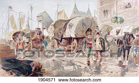 Stock Image - Horse Drawn Wagons Full Of Goods And Belonging To The Hanseatic League Arrive At A Port. 16Th Century. After A Watercolour By A. Heins. From Cortege Historique Des Moyens De Transport. Published Brussels, 1886.. Fotosearch