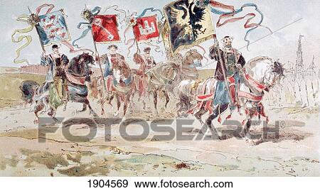 Stock Photo - Horsemen Carrying Banners Of The Hanseatic League And Of Towns Belonging To The League. 16Th Century. After A Watercolour By A. Heins. From Cortege Historique Des Moyens De Transport. Published Brussels, 1886.. Fotosearch
