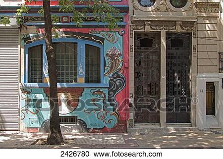 Stock Image - House facade painted with colourful design and filete; Buenos Aires, Argentina. Fotosearch