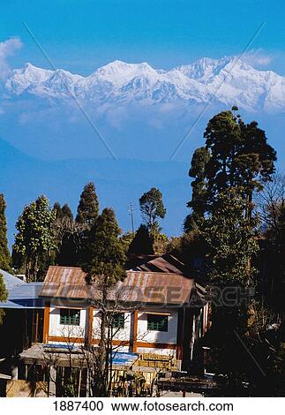Stock Image - House With Himalayas In Background. Fotosearch