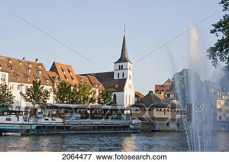 Houseboats Along The Fisherman Wharf And St. William Church, Strasbourg, France View Large Photo Image Stock Photo - Houseboats Along The Fisherman Wharf And St. William Church, Strasbourg, France. Fotosearch