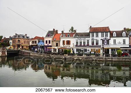 Stock Photo - Houses Along A Canal, Amiens, Somme, France. Fotosearch