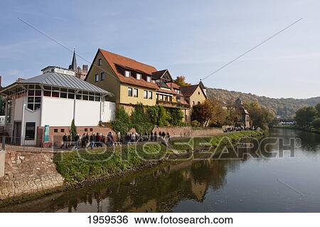 Stock Photograph - Houses Along The Tauber River, Wertheim Am Main, Baden-Wurttemberg, Germany. Fotosearch