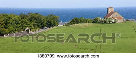 Stock Photo - Houses Along The Water And A Grassy Field; St. Abb's Head, Northumberland, England. Fotosearch