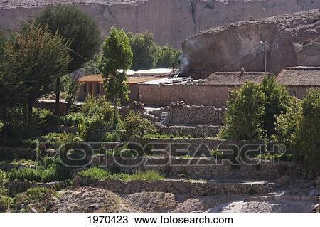 Stock Image - Houses And Agricultural Terraces, Caspana, Antofagasta Region, Chile. Fotosearch