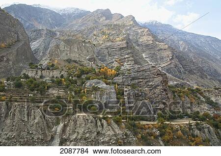 Picture - Houses And Fields On A Promontory In The Indus River Gorge, Skardu, Northern Areas, Pakistan. Fotosearch