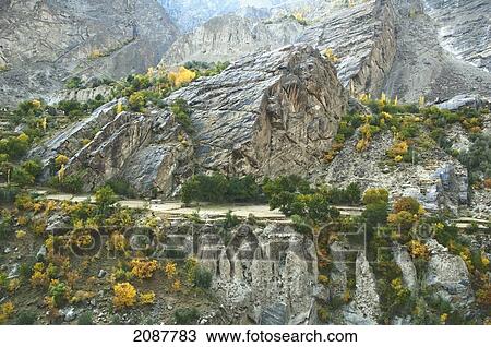 Stock Image - Houses And Fields On A Promontory In The Indus River Gorge, Skardu, Northern Areas, Pakistan. Fotosearch