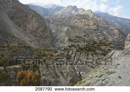 Stock Image - Houses And Fields On A Promontory In The Indus River Gorge, Skardu, Northern Areas, Pakistan. Fotosearch