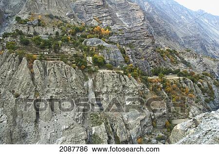 Stock Photograph - Houses And Fields On A Promontory In The Indus River Gorge, Skardu, Northern Areas, Pakistan. Fotosearch