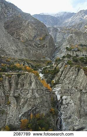 Stock Photo - Houses And Fields On A Promontory Where The Dari Lungma Flows Into The Indus River Gorge, Skardu, Northern Areas, Pakistan. Fotosearch