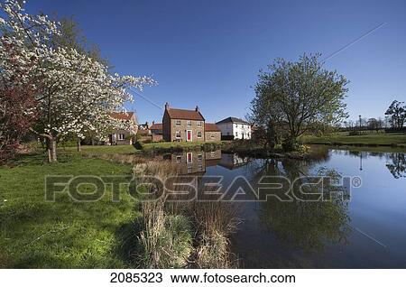 Stock Image - Houses And Trees At The Water's Edge Reflected In The Tranquil Water; North Stainley Yorkshire England. Fotosearch