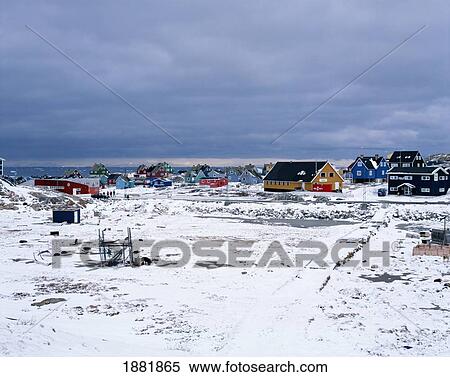 Stock Photography - Houses In Snowy Landscape On Ice Fjord. Fotosearch