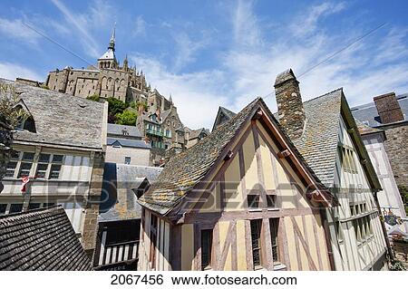 Stock Photograph - Houses In The Fortified Village And Abbey Of Mont-Saint-Michel, France. Fotosearch