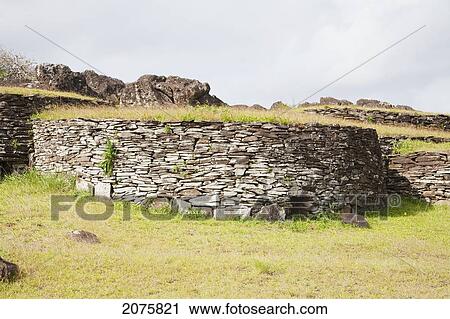 Stock Image - Houses In The Orongo Ceremonial Village, Rapa Nui (Easter Island), Chile. Fotosearch