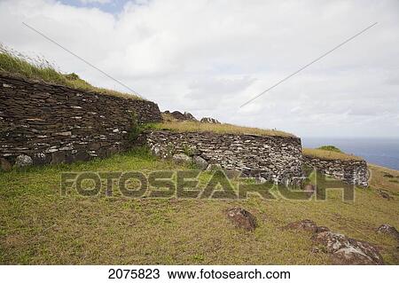 Stock Image - Houses In The Orongo Ceremonial Village, Rapa Nui (Easter Island), Chile. Fotosearch