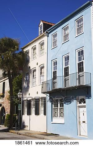 Stock Image - Houses On Rainbow Row, Queens Street, Charleston, South Carolina, Usa. Fotosearch