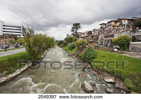 Stock Photo - Houses On The Banks Of The Tomebamba River, Cuenca, Azuay, Ecuador. Fotosearch