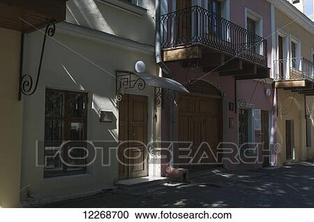 Stock Image - Houses with balconies in the historic city centre; Odessa, Ukraine. Fotosearch