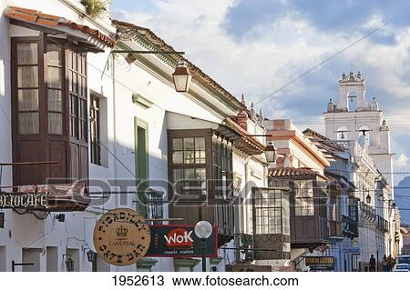 Stock Image - Houses with Moorish balconies, Sucre, Chuquisaca Department, Bolivia. Fotosearch