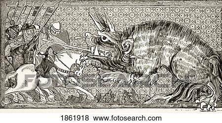 Stock Photo - How Alexander Did Battle With The Beast Which Is Very Formidable And Has Three Horns. After A Miniature In A 13Th Century Manuscript. From Science And Literature In The Middle Ages By Paul Lacroix Published London 1878. Fotosearch