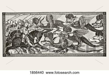 Stock Image - How Alexander Fought The Dragons With Sheep's Horns Upon Their Foreheads From Science And Literature In The Middle Ages By Paul Lacroix Published London 1878. Fotosearch