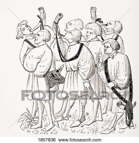 Stock Photograph - How To Shout And Blow Horns. 19Th Century Reproduction Of 15Th Century Miniature In The Manuscript Of Phoebus. Fotosearch