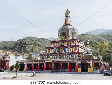 Huge colourful Buddhist temple (stupa) at Wutun Si monastery; Tibet, China View Large Photo Image Stock Photo - Huge colourful Buddhist temple (stupa) at Wutun Si monastery; Tibet, China. Fotosearch