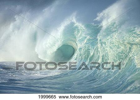 Stock Photography - Huge Wave Curling, Crashing Side View Of Curl C1723. Fotosearch