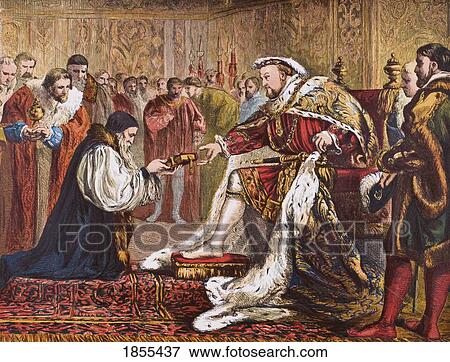 Stock Photo - Hugh Latimer 1485 To 1490-1555 English Protestant Preacher And Martyr Presenting The Bible To King Henry Viii 1491-1547 From Old England's Worthies By Lord Brougham And Others Published London Circa 1880's. Fotosearch