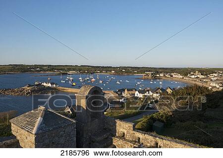 Stock Photograph - Hugh Town Viewed From The Ramparts At The Star Castle Hotel, St Mary's, Isles Of Scilly, Cornwall, Uk, Europe. Fotosearch