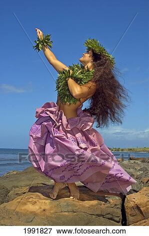 Hula Dancer With Haku Lei In Traditional Outfit On Rocky Coast, Ocean Background View Large Photo Image Stock Photo - Hula Dancer With Haku Lei In Traditional Outfit On Rocky Coast, Ocean Background. Fotosearch