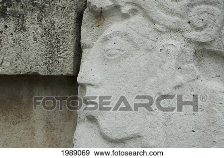 Stock Photo - Human Head Giant Bas-Relief At The Palace, Palenque, Chiapas, Mexico. Fotosearch