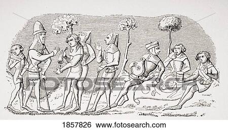 Stock Photograph - Hunting Meal. 19Th Century Reproduction Of Miniature In Manuscript Of Livre Du Roy Modus. Fotosearch