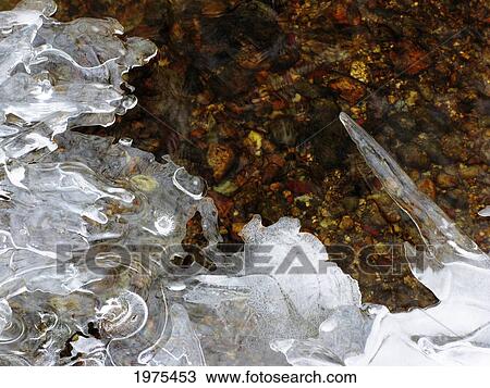 Stock Image - Ice Abstract 3, Massachusetts, Seekonk, Caratunk Wildlife Refuge, Close-Up Of Pattern In Ice Over Stream.. Fotosearch