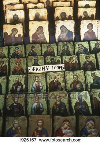 Icons Of Saints And The Virgin Mary For Sale In Shop In Rhodes Old Town View Large Photo Image Stock Photo - Icons Of Saints And The Virgin Mary For Sale In Shop In Rhodes Old Town. Fotosearch