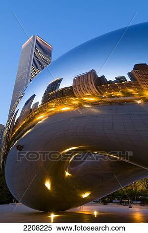 Stock Photography - Illinois Chicago Bean Sculpture In Millennium Park At Dusk, City And Buildings Reflected In Modern Metal Public Art. Fotosearch