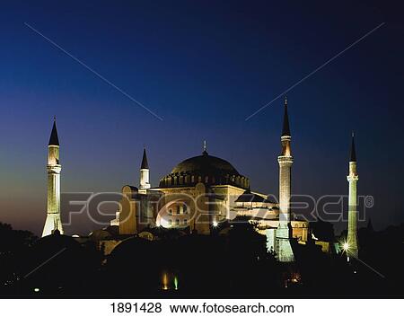 Stock Photo - Illuminated Hagia Sophia Mosque At Dusk. Fotosearch