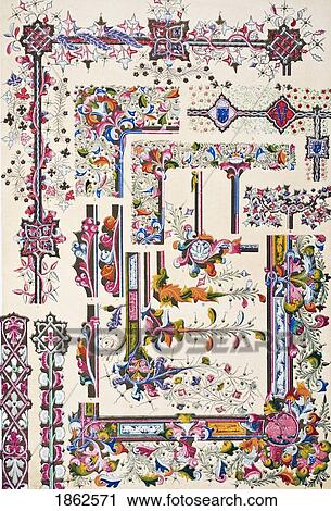 Stock Image - Illuminated Mss No 2 Plate Lxxii From The Grammar Of Ornament By Owen Jones Published By Day & Son London 1865. Fotosearch