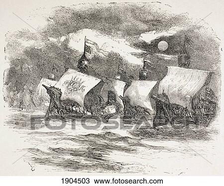 Stock Image - Illustration By Sir John Gilbert For King Henry V By William Shakespeare. King Henry's Fleet Sails For France. From The Illustrated Library Shakspeare, Published London 1890.. Fotosearch