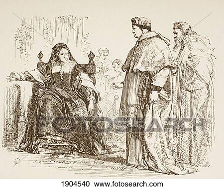 Stock Image - Illustration By Sir John Gilbert For King Henry Viii By William Shakespeare. Cardinal Wolsey And Queen Katharine. From The Illustrated Library Shakspeare, Published London 1890.. Fotosearch