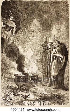 Stock Photography - Illustration By Sir John Gilbert For Macbeth Of The Witches Around Their Cauldron. From The Illustrated Library Shakspeare, Published London 1890.. Fotosearch