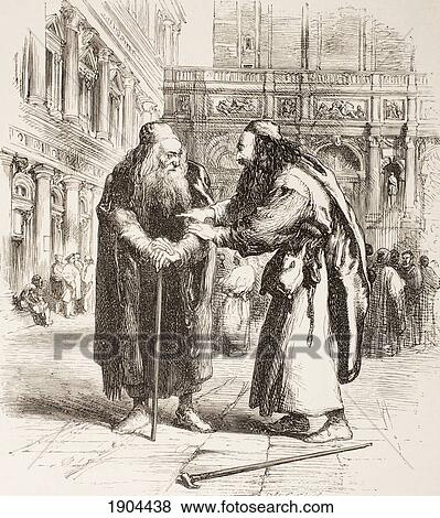 Stock Photo - Illustration By Sr John Gilbert For The Merchant Of Venice, By William Shakespeare. Shylock And Tubal Meet In The Street. Act Iii, Scene I. From The Illustrated Library Shakspeare, Published London 1890.. Fotosearch