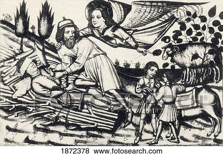Stock Photo - Illustration Depicting Abraham Who Is Asked By God To Sacrifice His Son Isaac. From The Book Biblia Medieval Romanceada Published 1925.. Fotosearch